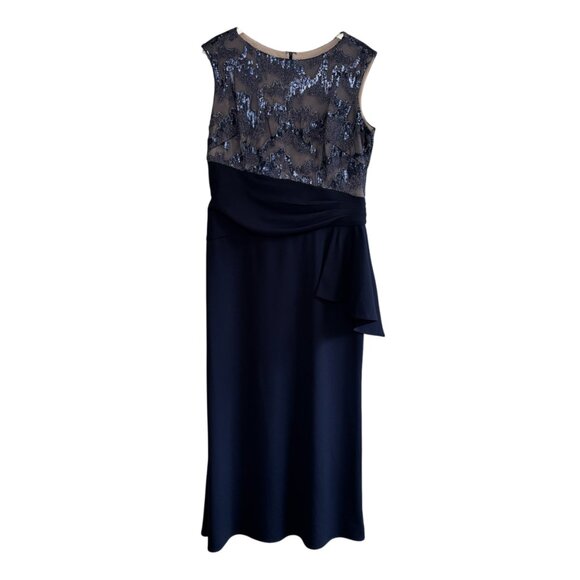 EUC Le Bos Evening Dress Size 16 Long Navy Nude Sequin Formal Plus Elegant Gown - Picture 1 of 8